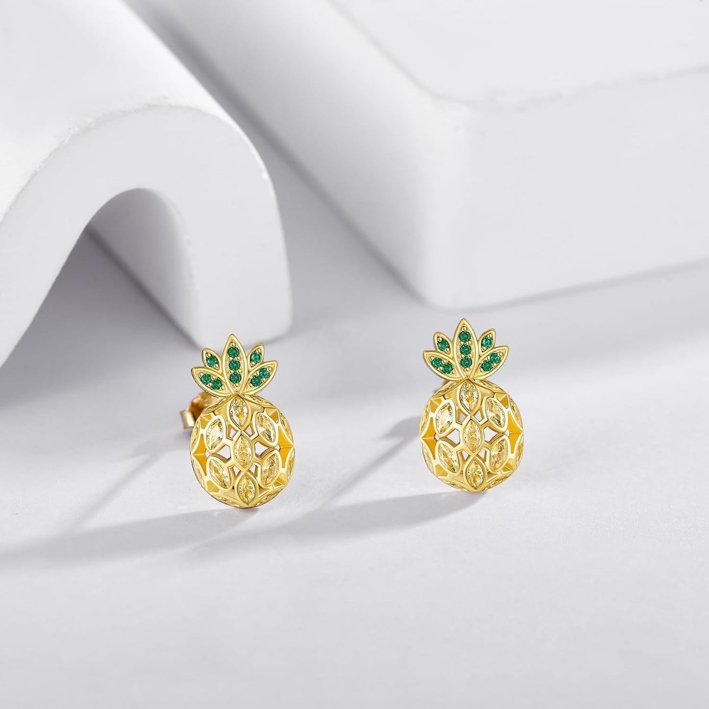 925 Sterling Silver Plated Gold  Pomegranate Stud Earrings with Green and Yellow Stones - Fruits Inspired Jewelry for Women