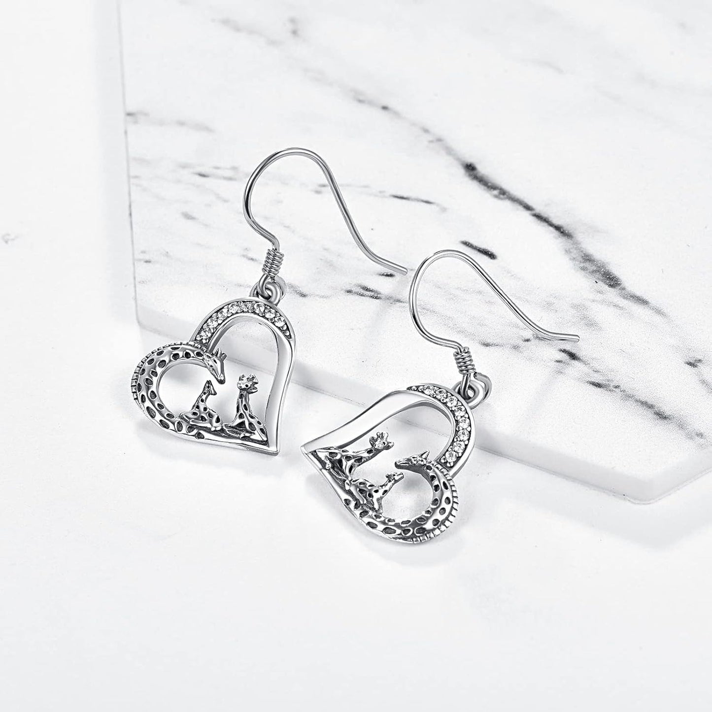 925 Sterling Silver Heart-Shaped Giraffe Family Dangle Drop Earrings for Women Gifts
