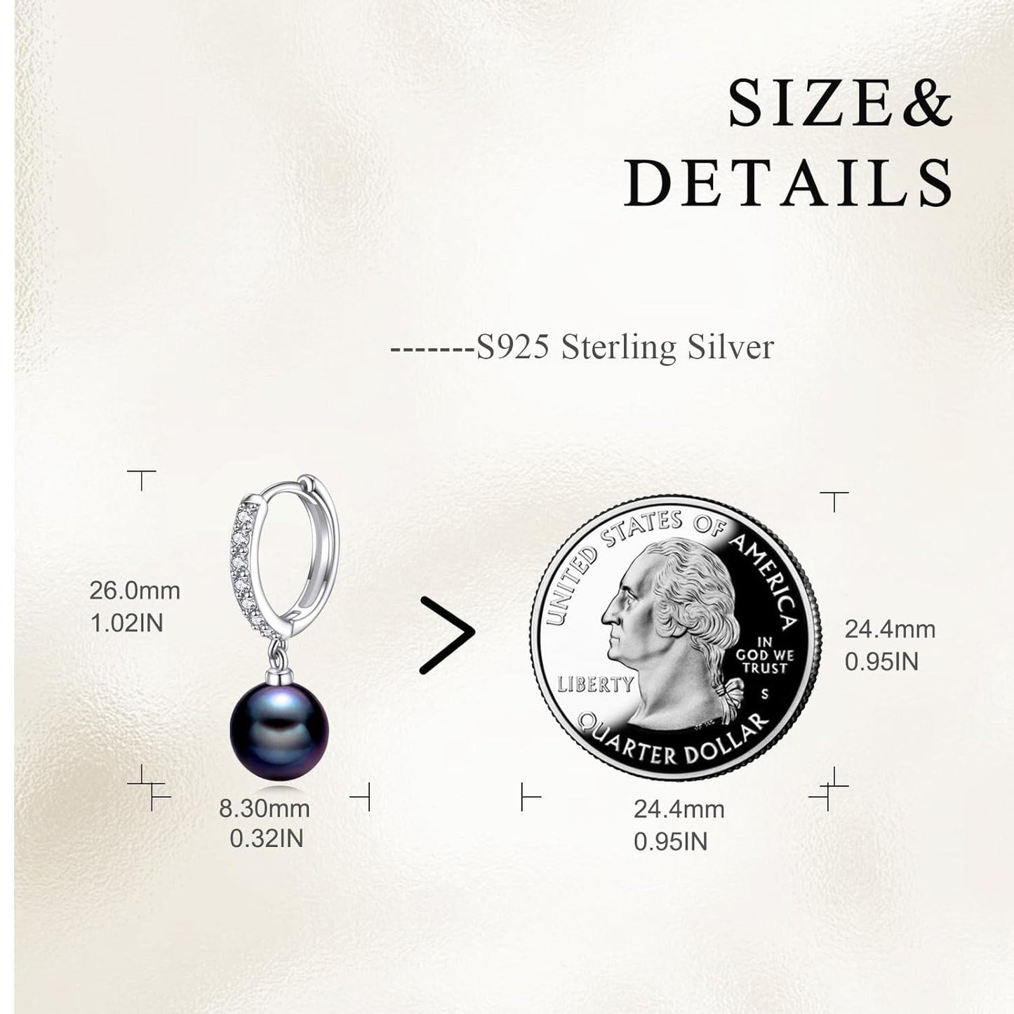 925 Sterling Silver Black Pearl Drop Hoop Earrings for Women