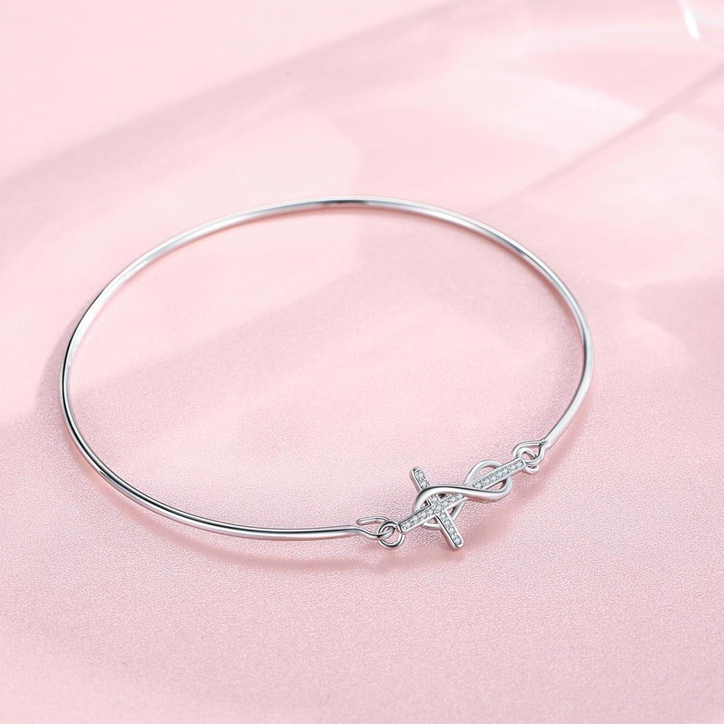 925 Sterling Silver Infinity Cross Charm Bangle Bracelet for Women - Christian Religious s