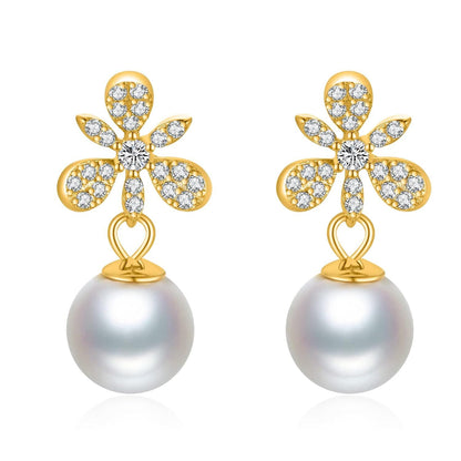 Gold 925 Sterling Silver Dragonfly White Shell Pearl Stud Earrings 6mm AAA Cubic Zirconia Stones Jewelry for Women Girls Gift Boxed