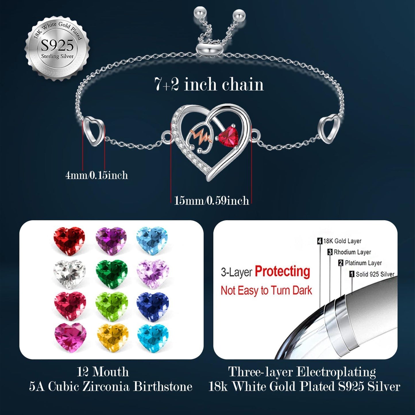 925 Sterling Silver & 5A Zircon Heart Stethoscope Birthstone Bracelet - Adjustable Chain