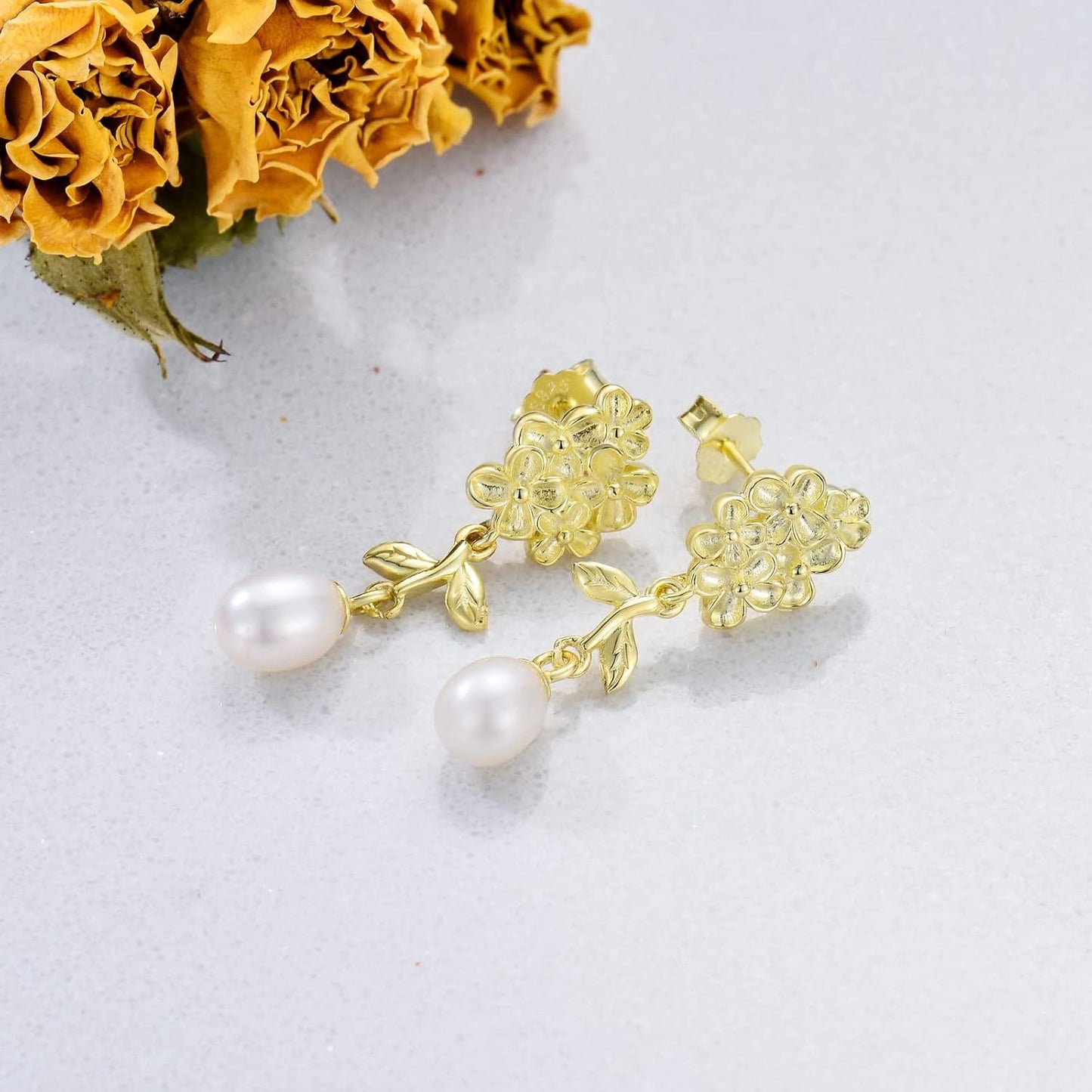Gold-Plated 925 Sterling Silver Flower and Leaf Design with Pearl Dangle Stud Earrings for Women