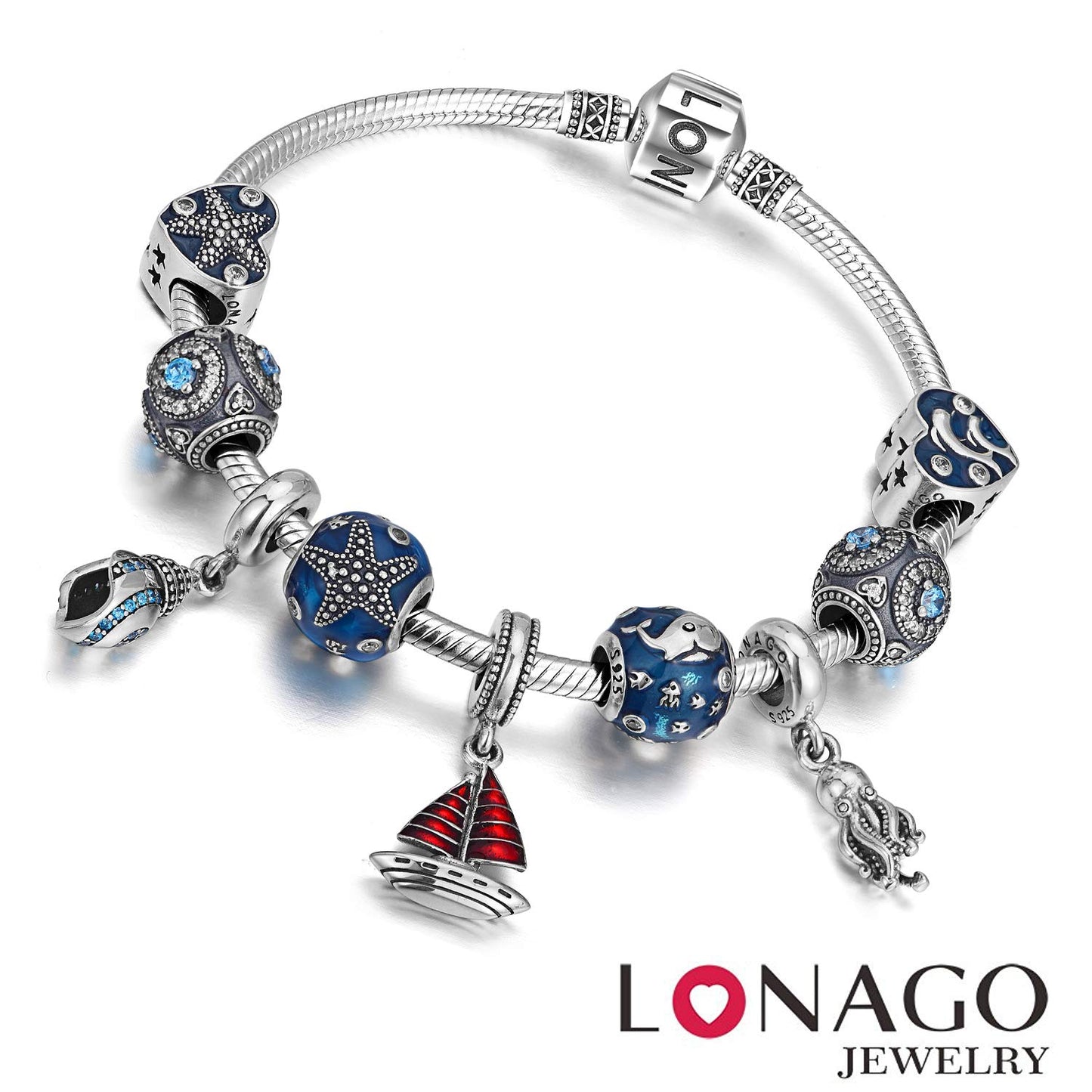 925 Sterling Silver Snake Chain Charm Bracelet with Barrel Clasp - Birthday Gift for Women