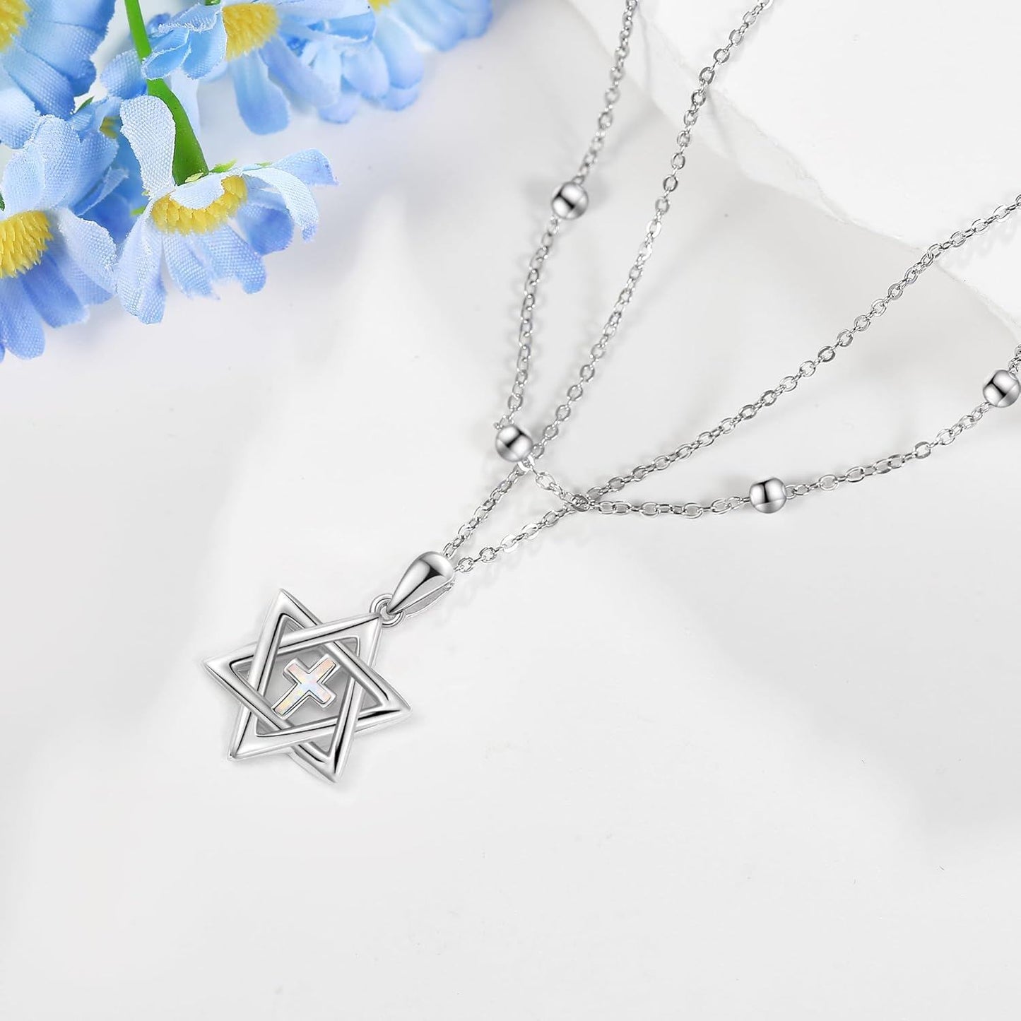 925 Sterling Silver Cross & Star of David Layered Pendant Necklace for Women Girls Gifts