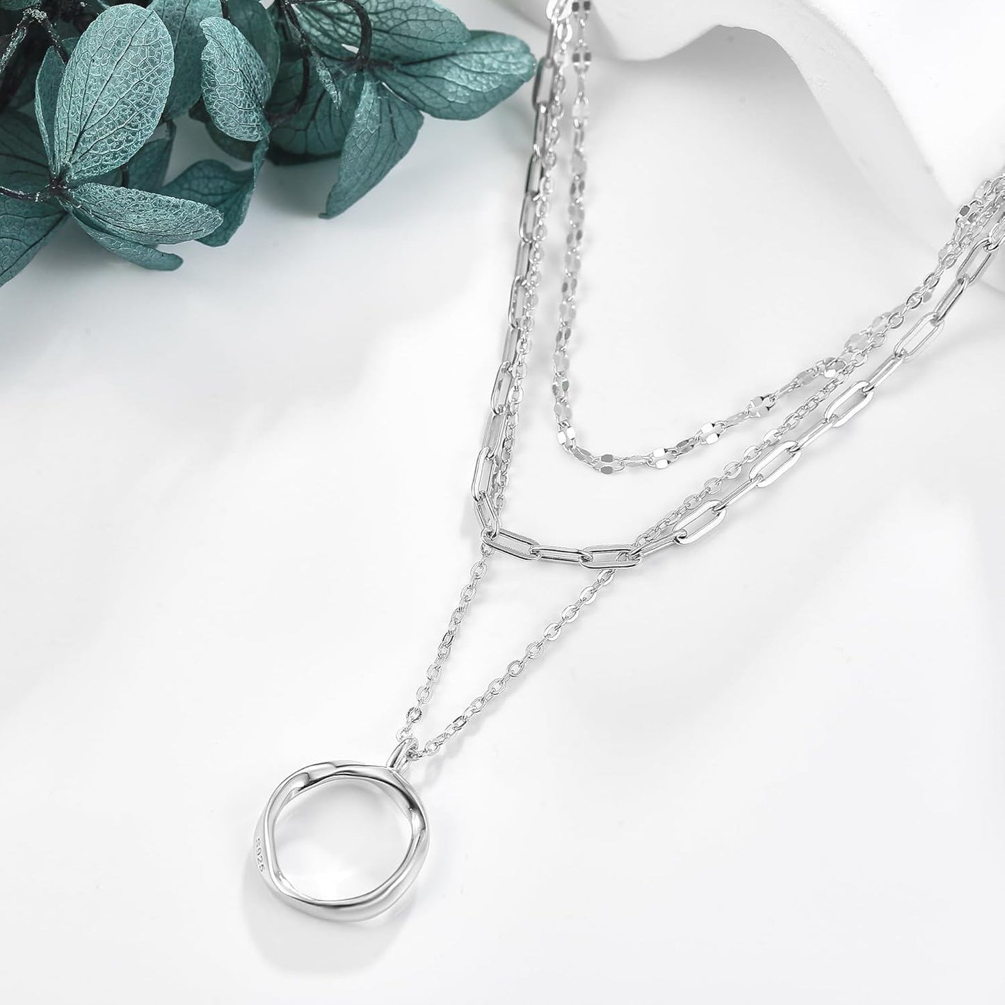 925 Sterling Silver Bohemian Layered Necklace with Triangular Pendant and Chain - Holiday Gift Ideas for Her