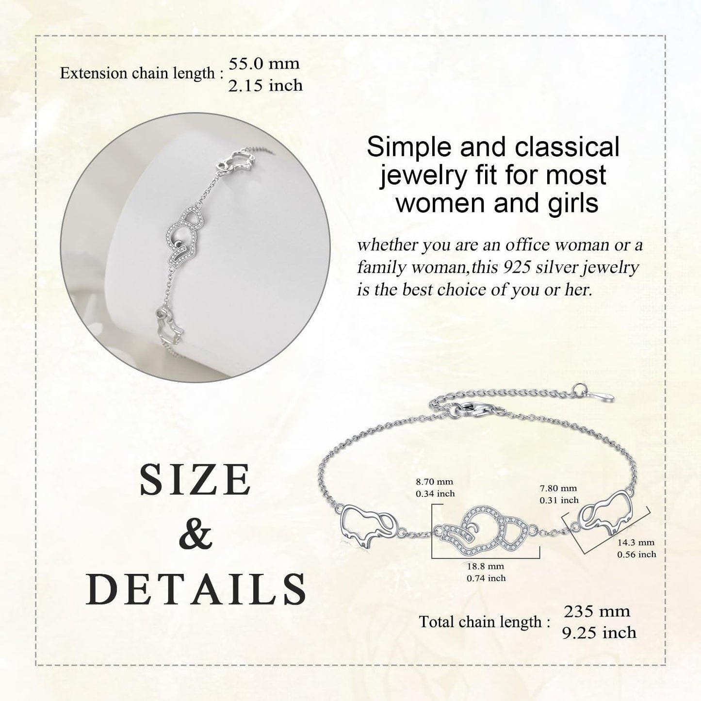 925 Sterling Silver Elephant Shape Infinity Love Heart Charm Adjustable Link Chain Bracelet s for Women Girls