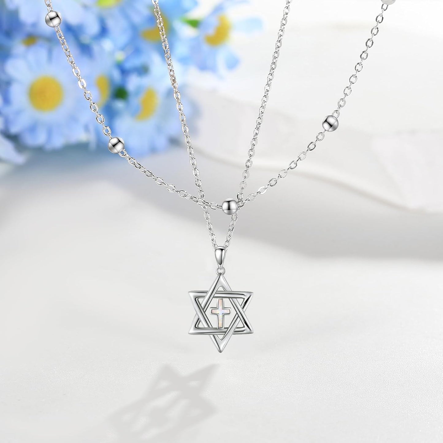 925 Sterling Silver Cross & Star of David Layered Pendant Necklace for Women Girls Gifts