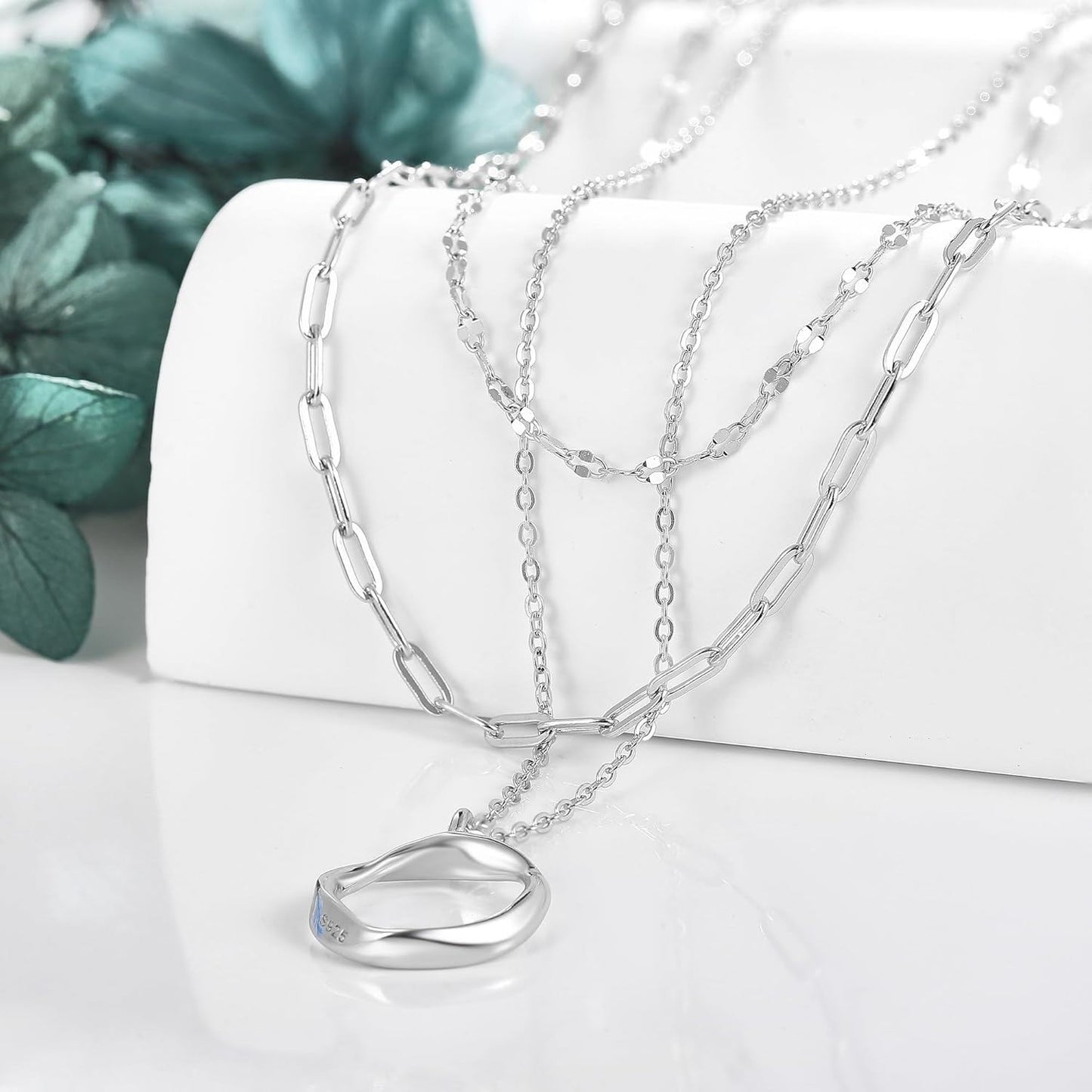 925 Sterling Silver Bohemian Layered Necklace with Triangular Pendant and Chain - Holiday Gift Ideas for Her