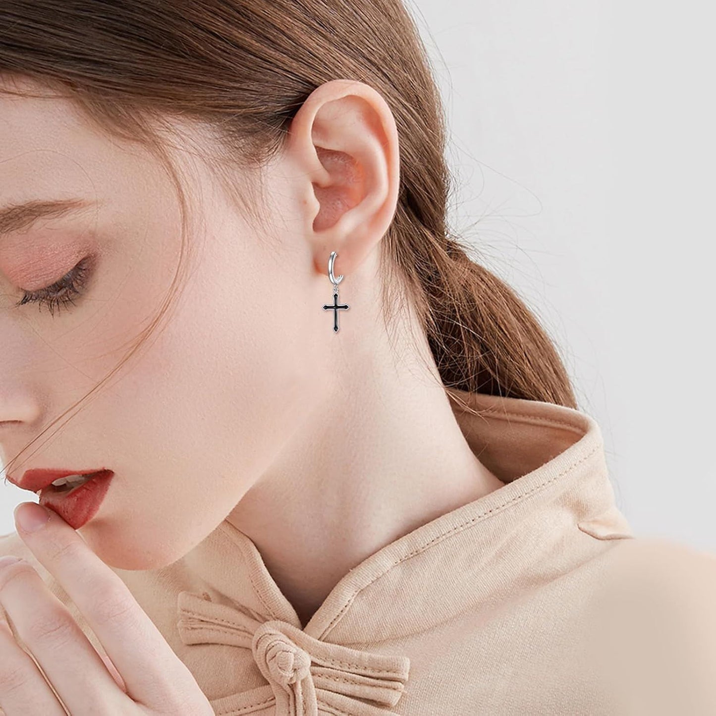 925 Sterling Silver Black Cross Dangle Drop Hoop Earrings  for Women