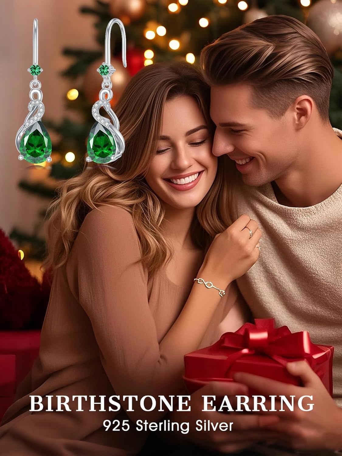 Sterling Silver Emerald Teardrop Dangle Earrings, May Birthstone Green Heart-Shaped Gemstone Hook Drop Jewelry for Mother's Day Gift
