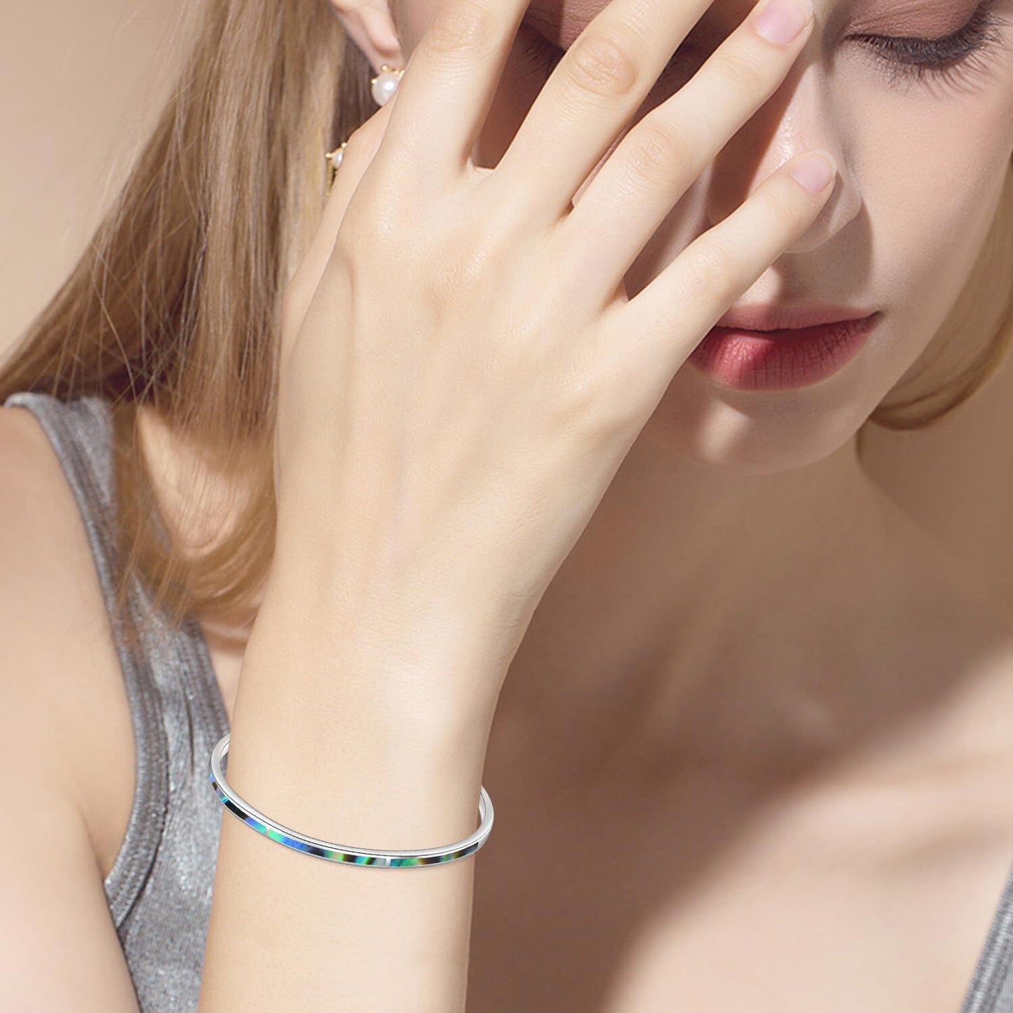 925 Sterling Silver & Abalone Shell Adjustable Cuff Bangle Bracelet with Opal Gemstones