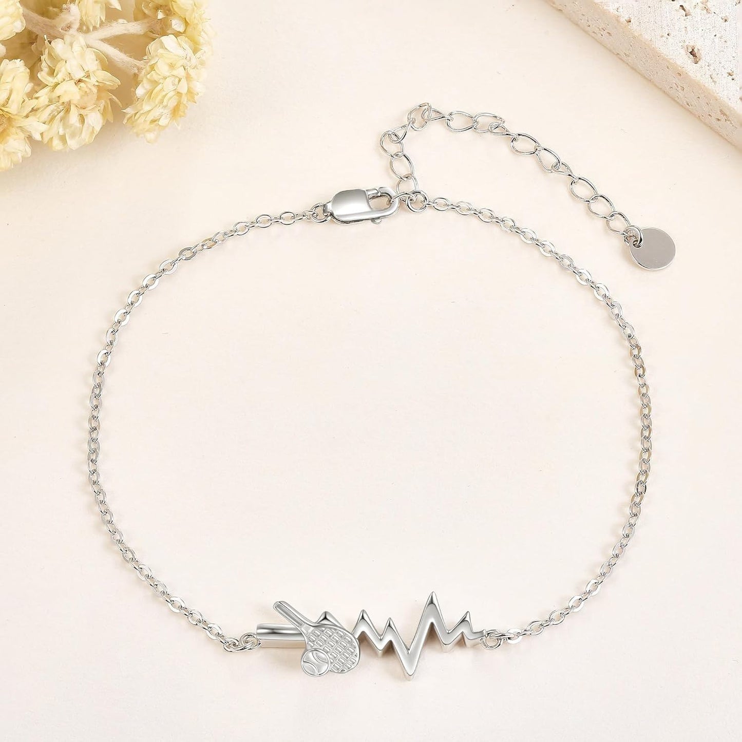925 Sterling Silver Tennis Ball Heartbeat Charm Bracelet
