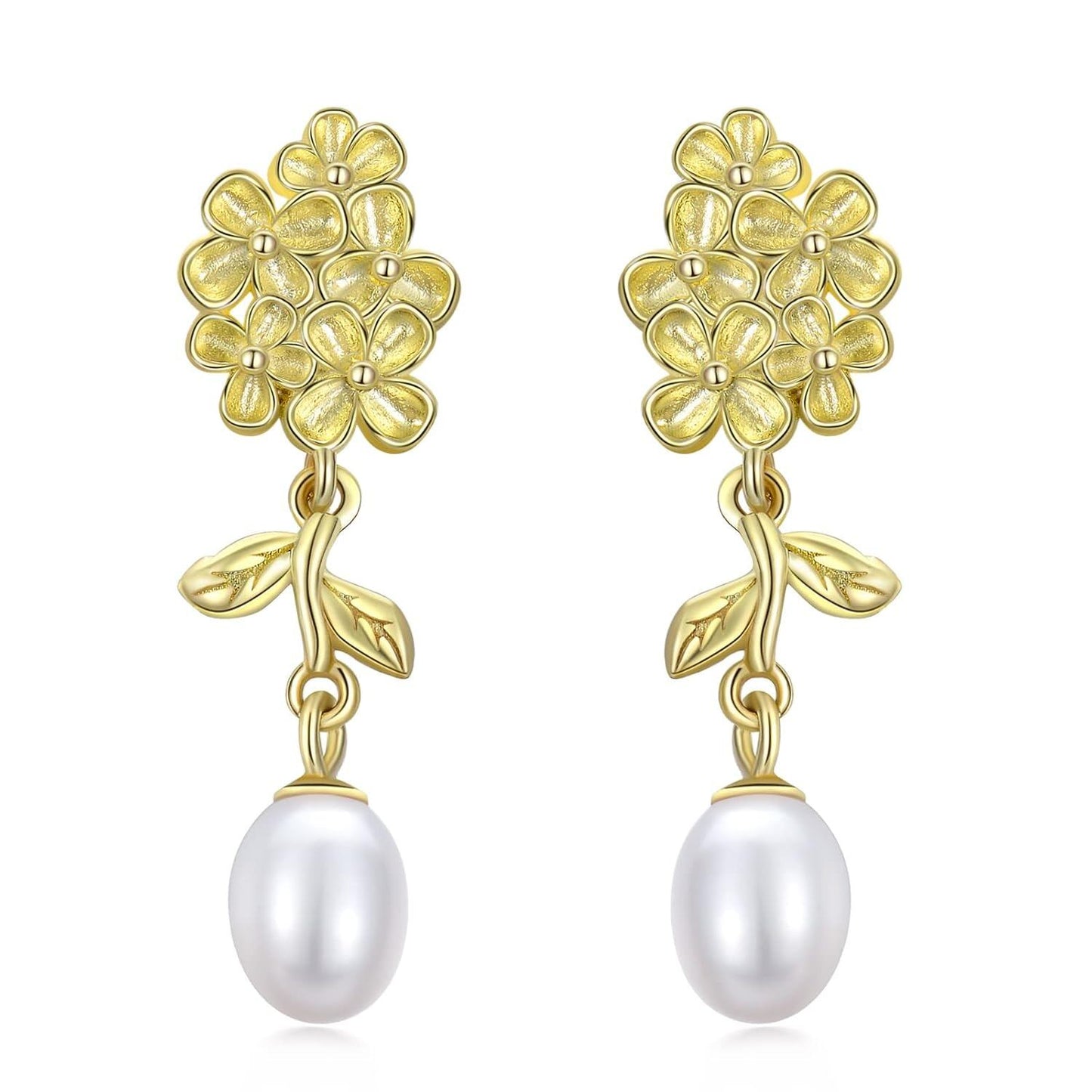 Gold-Plated 925 Sterling Silver Flower and Leaf Design with Pearl Dangle Stud Earrings for Women