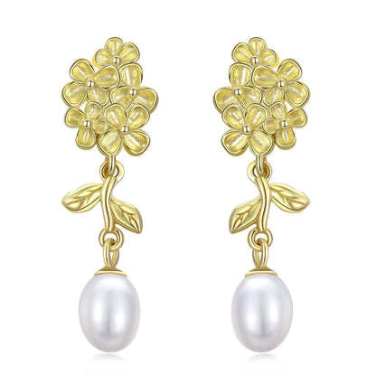 Gold-Plated 925 Sterling Silver Flower and Leaf Design with Pearl Dangle Stud Earrings for Women