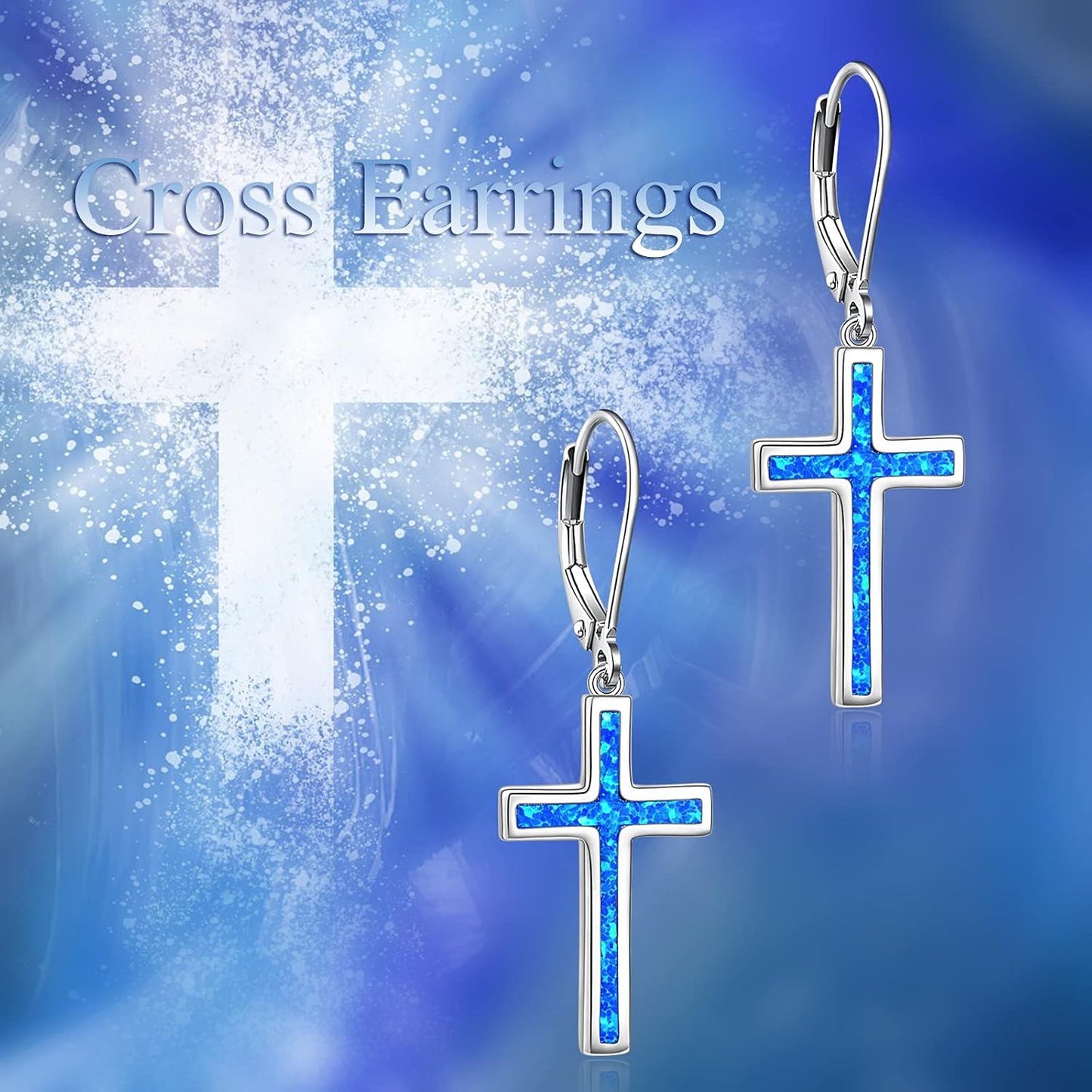 925 Sterling Silver Opal Cross Leverback Dangle Drop Earrings for Women and Men