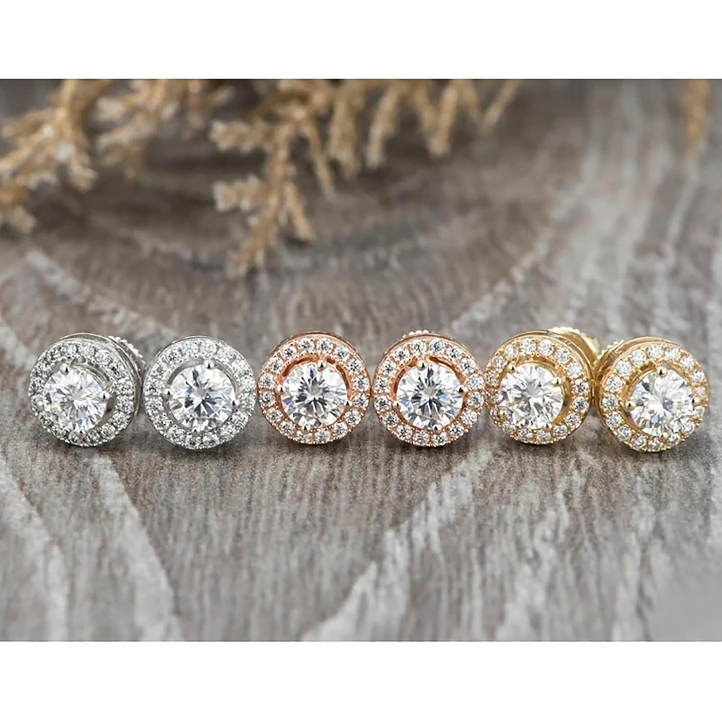 925 Sterling Silver 925 with Cubic Zirconia Cut Design and Round Shape Stone Halo Stud Earrings