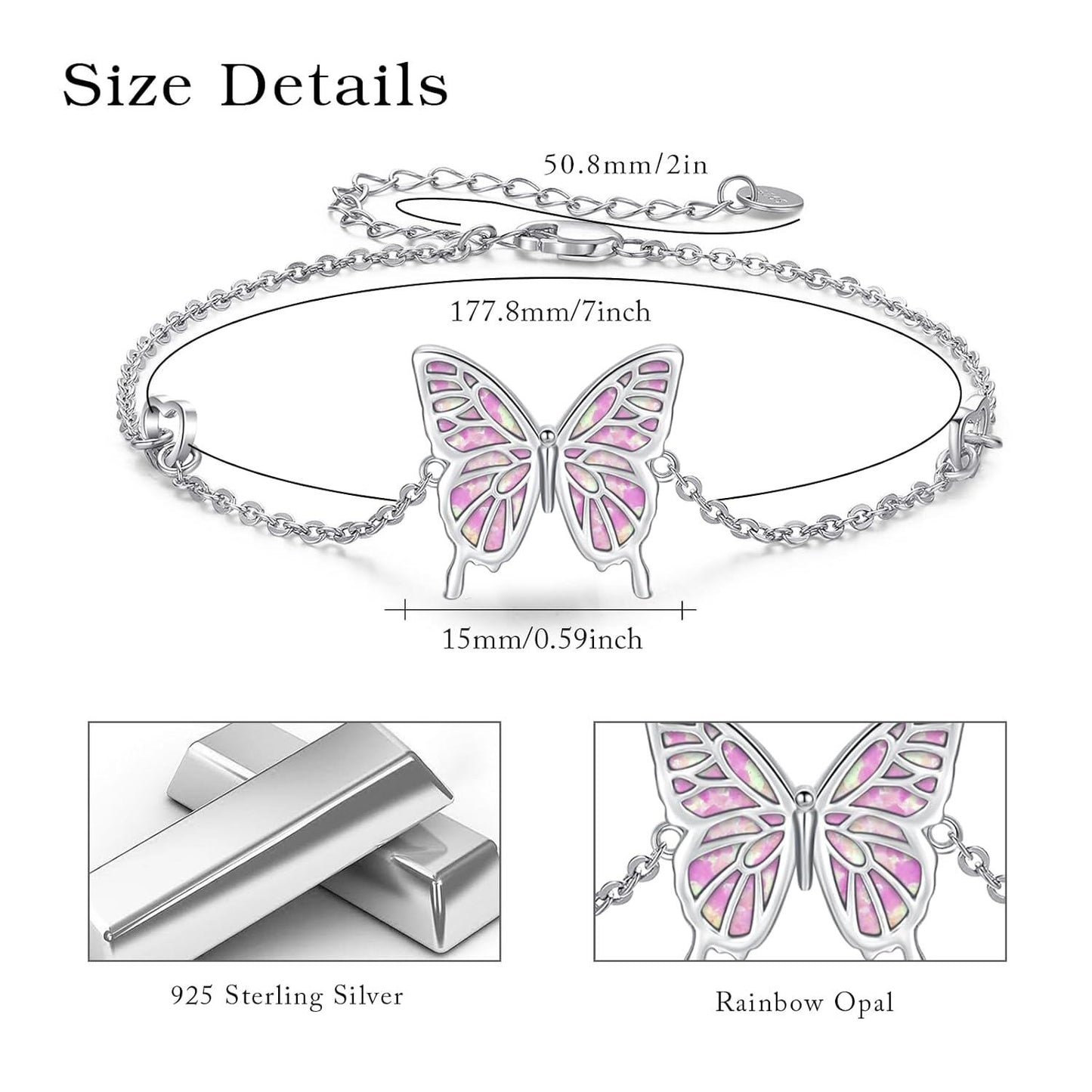 925 Sterling Silver Pink Opal Inlay Butterfly Charm Chain Bracelet for Women