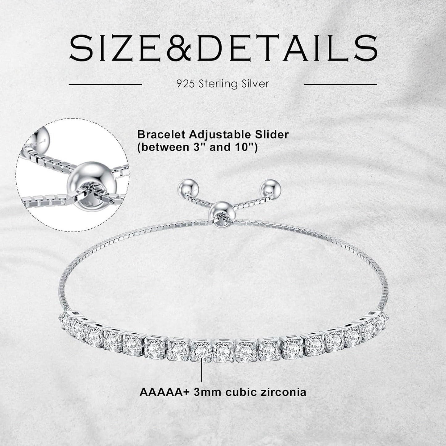 925 Sterling Silver Cubic Zirconia Adjustable Tennis Bracelet for Women