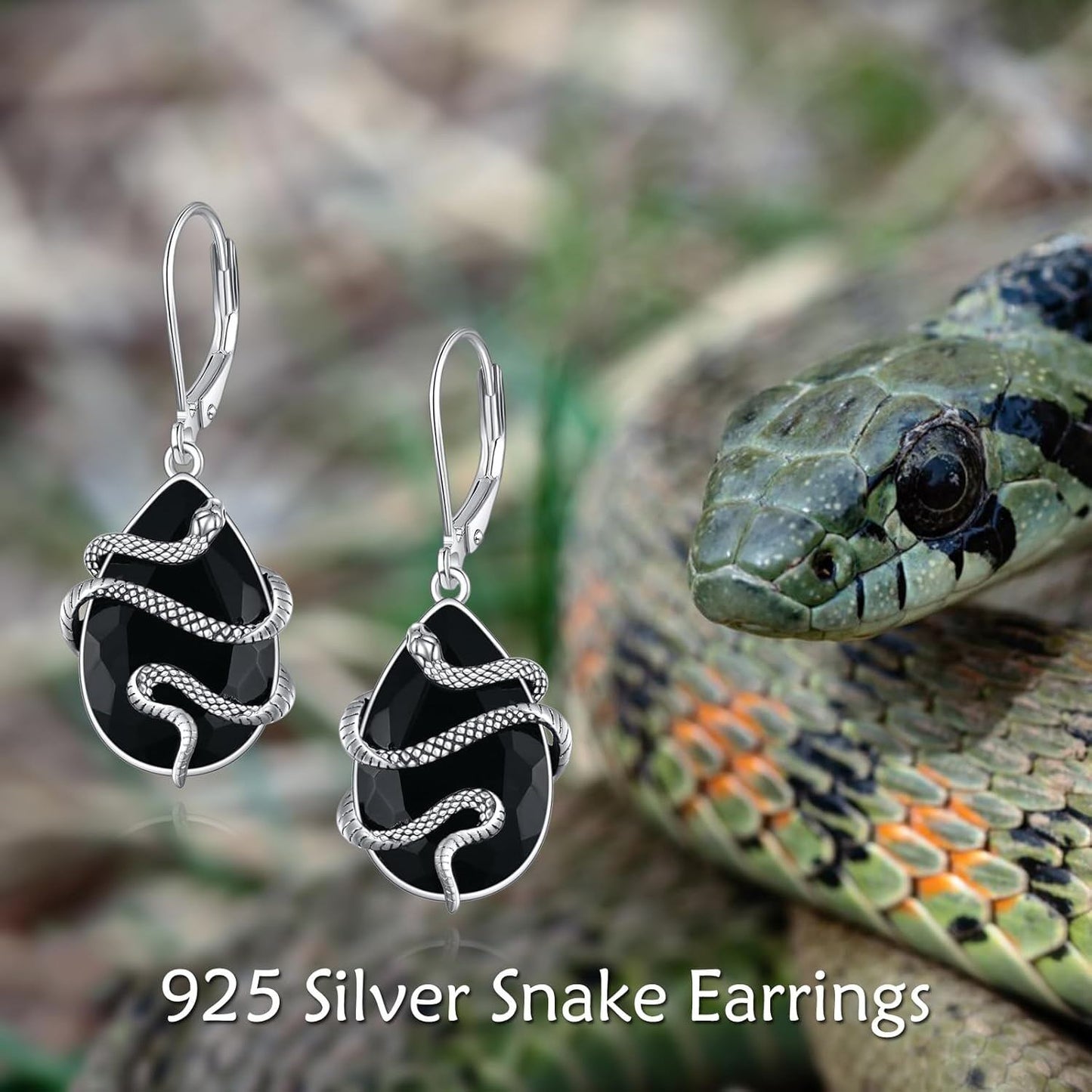 925 Sterling Silver Black Tourmaline Snake Dangle Drop Leverback Earrings Crystal Healing Jewelry Spiritual Protection Gifts for Women