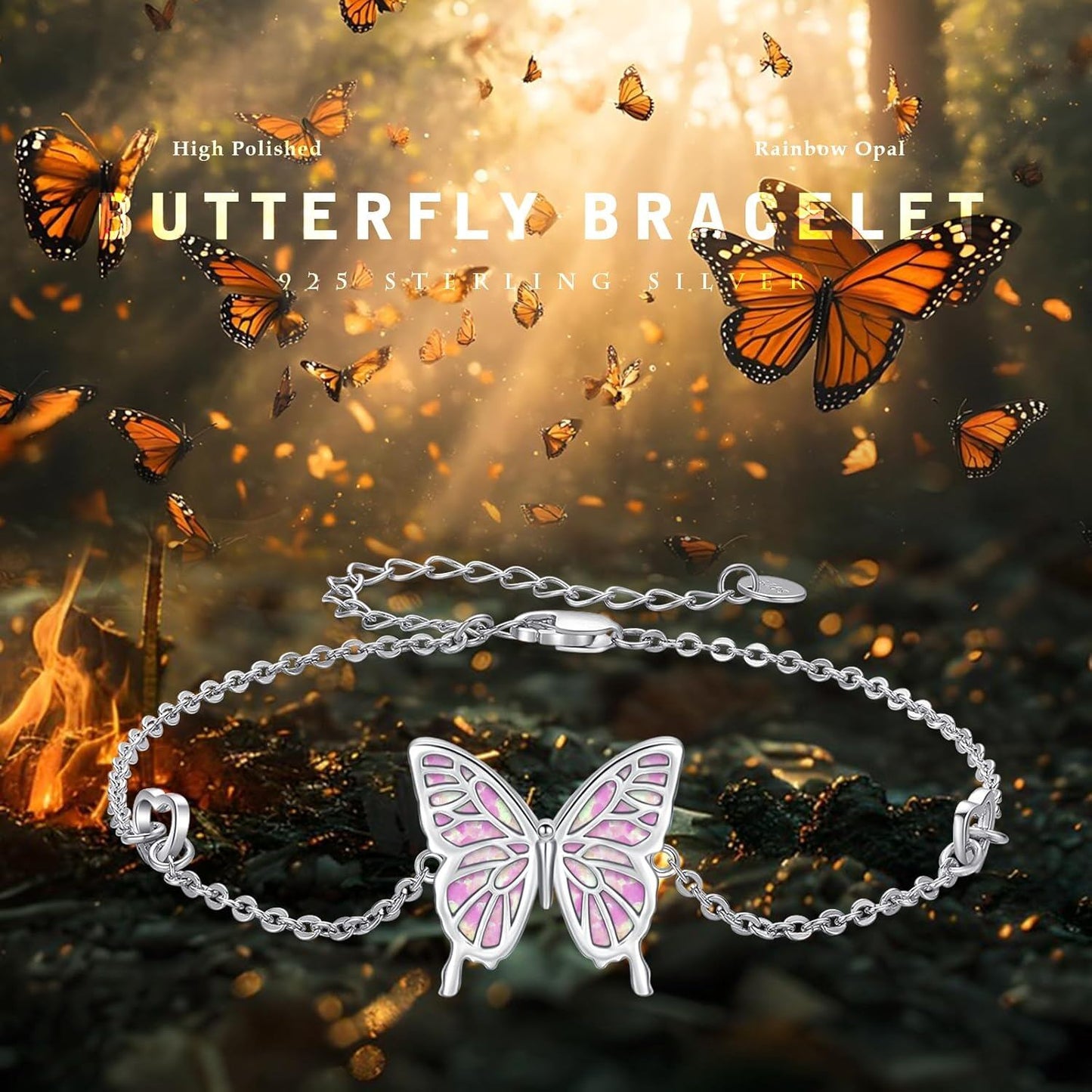 925 Sterling Silver Pink Opal Inlay Butterfly Charm Chain Bracelet for Women