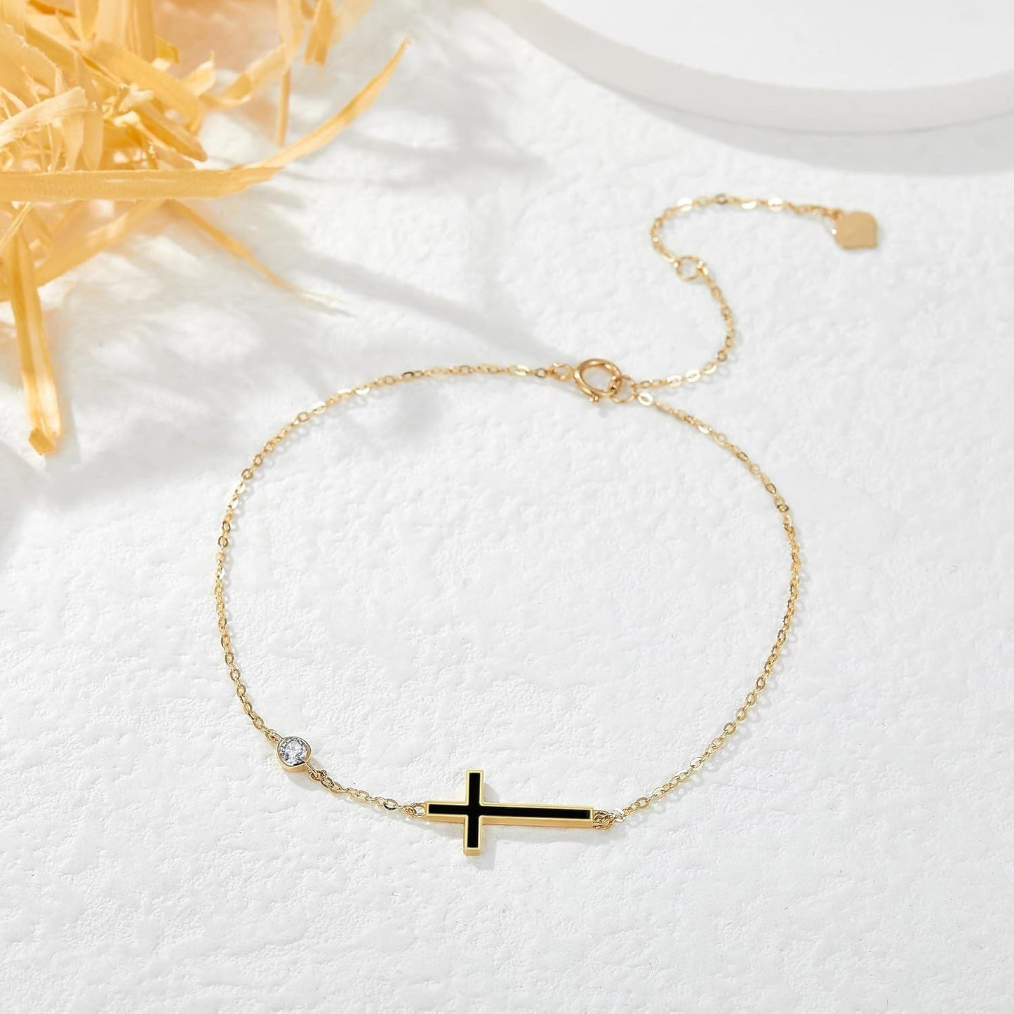 14K Gold Cross Black Onyx Chain Bracelet Holiday Gift for Her
