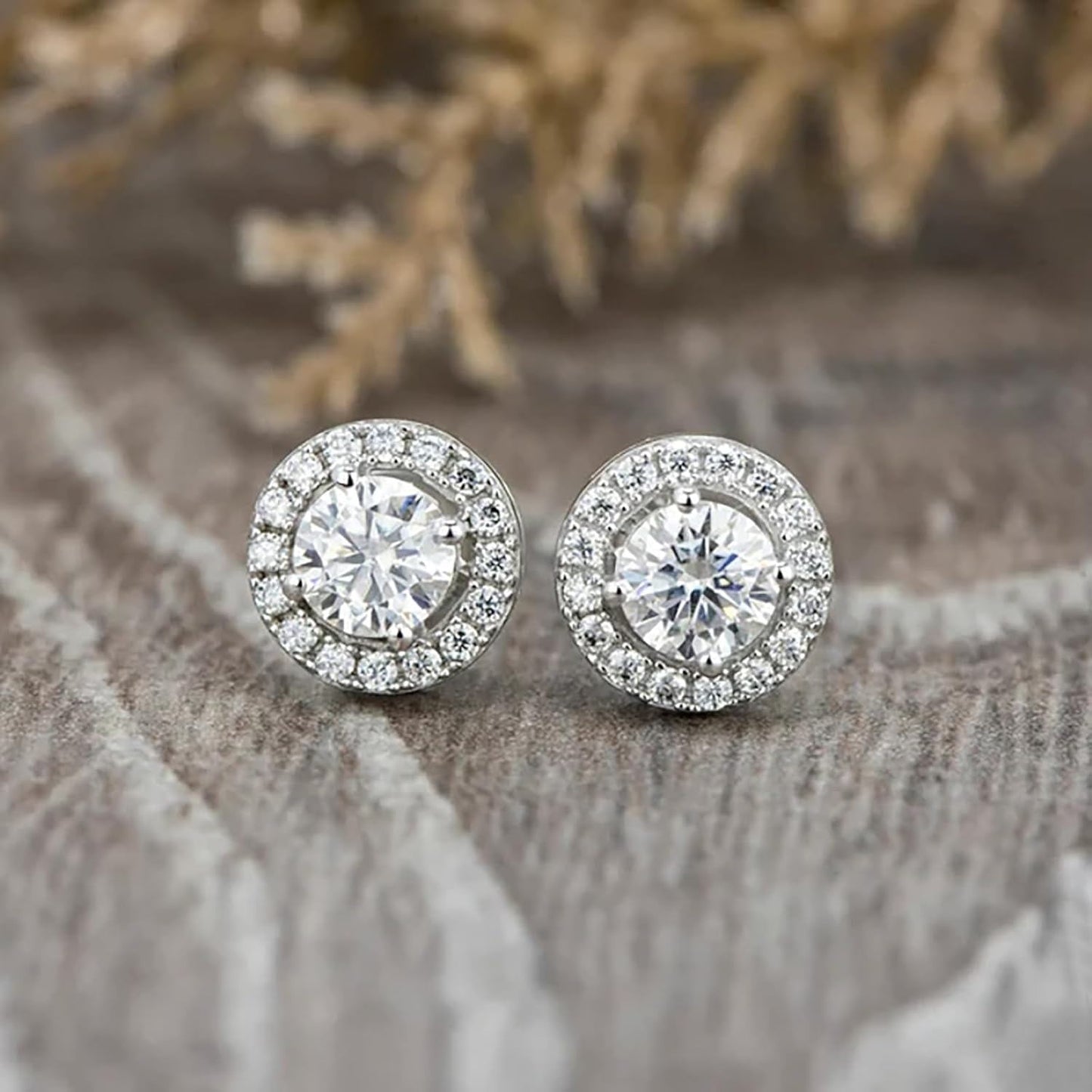 925 Sterling Silver 925 with Cubic Zirconia Cut Design and Round Shape Stone Halo Stud Earrings