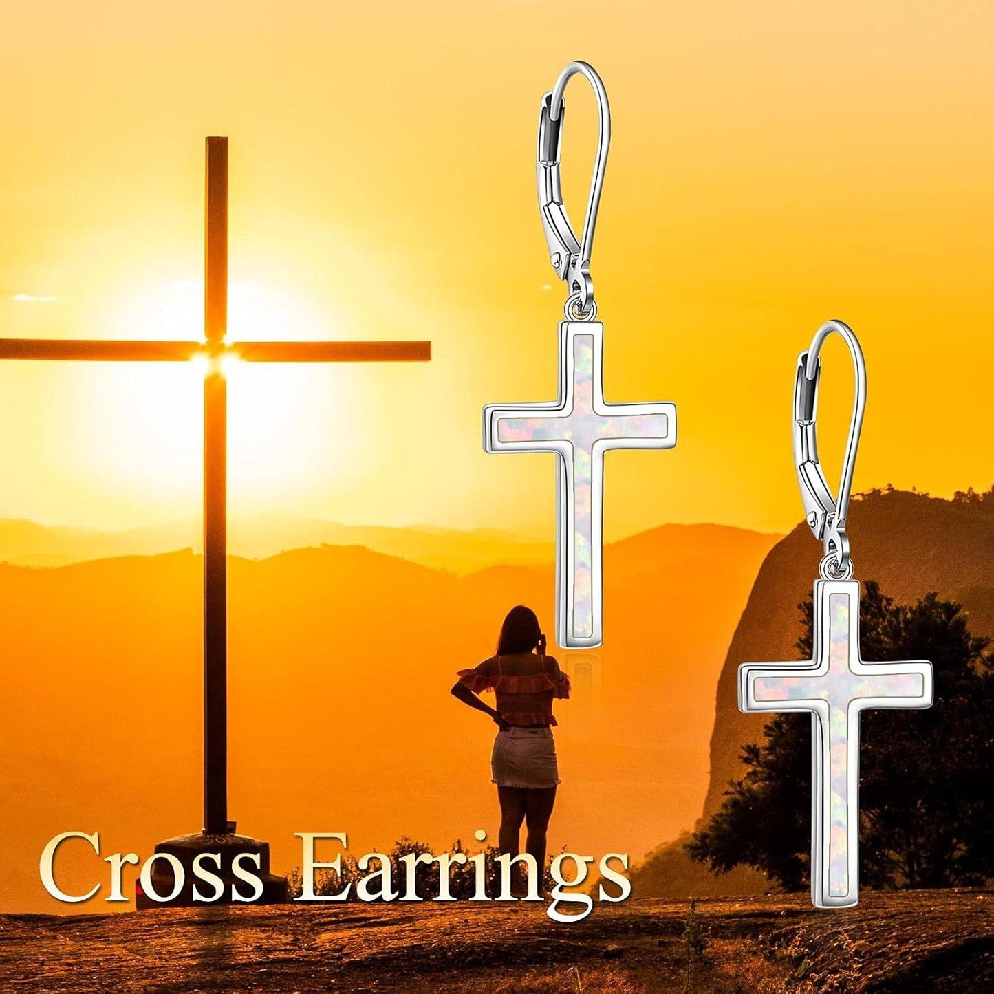 925 Sterling Silver Opal Cross Leverback Dangle Drop Earrings for Women and Men