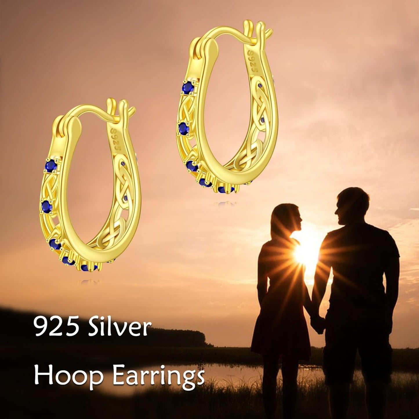 925 Sterling Silver Blue Sapphire Celtic Knotwork Hoop Earrings