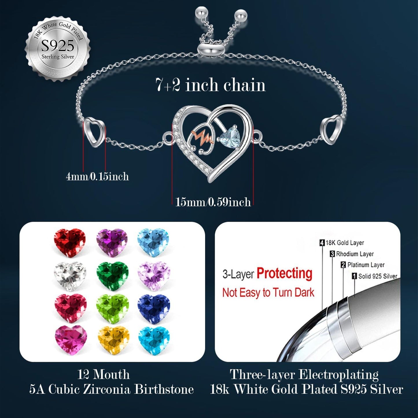 925 Sterling Silver & 5A Zircon Heart Stethoscope Birthstone Bracelet - Adjustable Chain