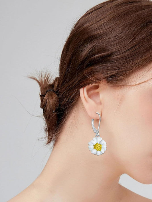 925 Sterling Silver Daisy Flower Leverback Dangle Drop Earrings