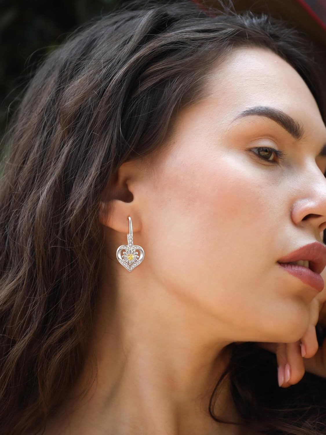 925 Sterling Silver Yellow Citrine Daisy Flower Heart Drop Dangle Lever Back Earrings for Women