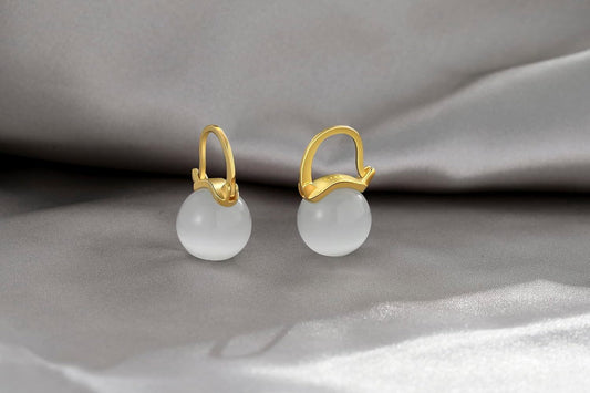 Gold 925 Sterling Silver Round White Shell Pearl Leverback Hoop Earrings 23mm Diameter
