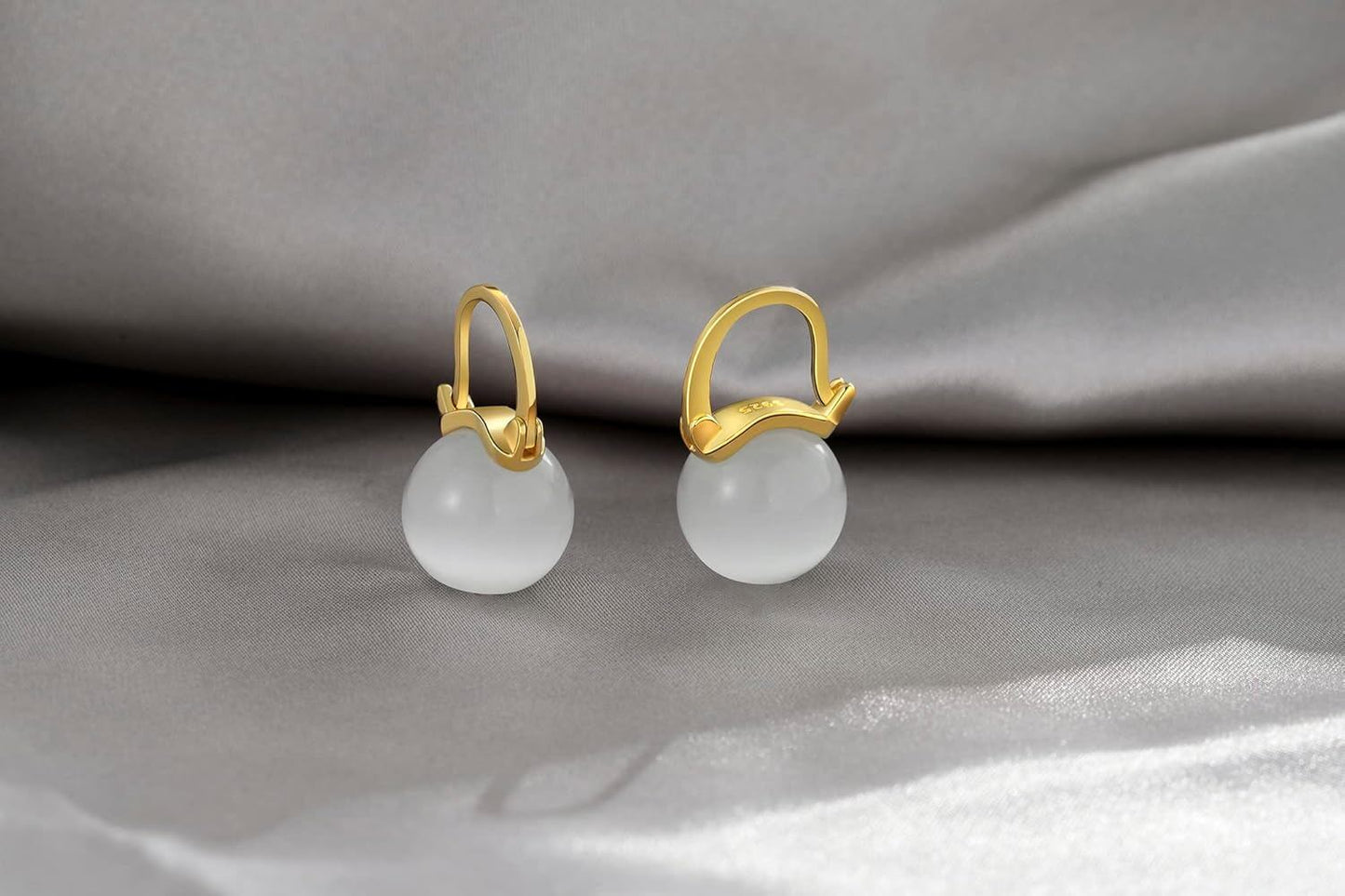 Gold 925 Sterling Silver Round White Shell Pearl Leverback Hoop Earrings 23mm Diameter