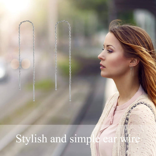 925 Sterling Silver Threader Chain Dangle Earrings with Long Bar Pendant for Women