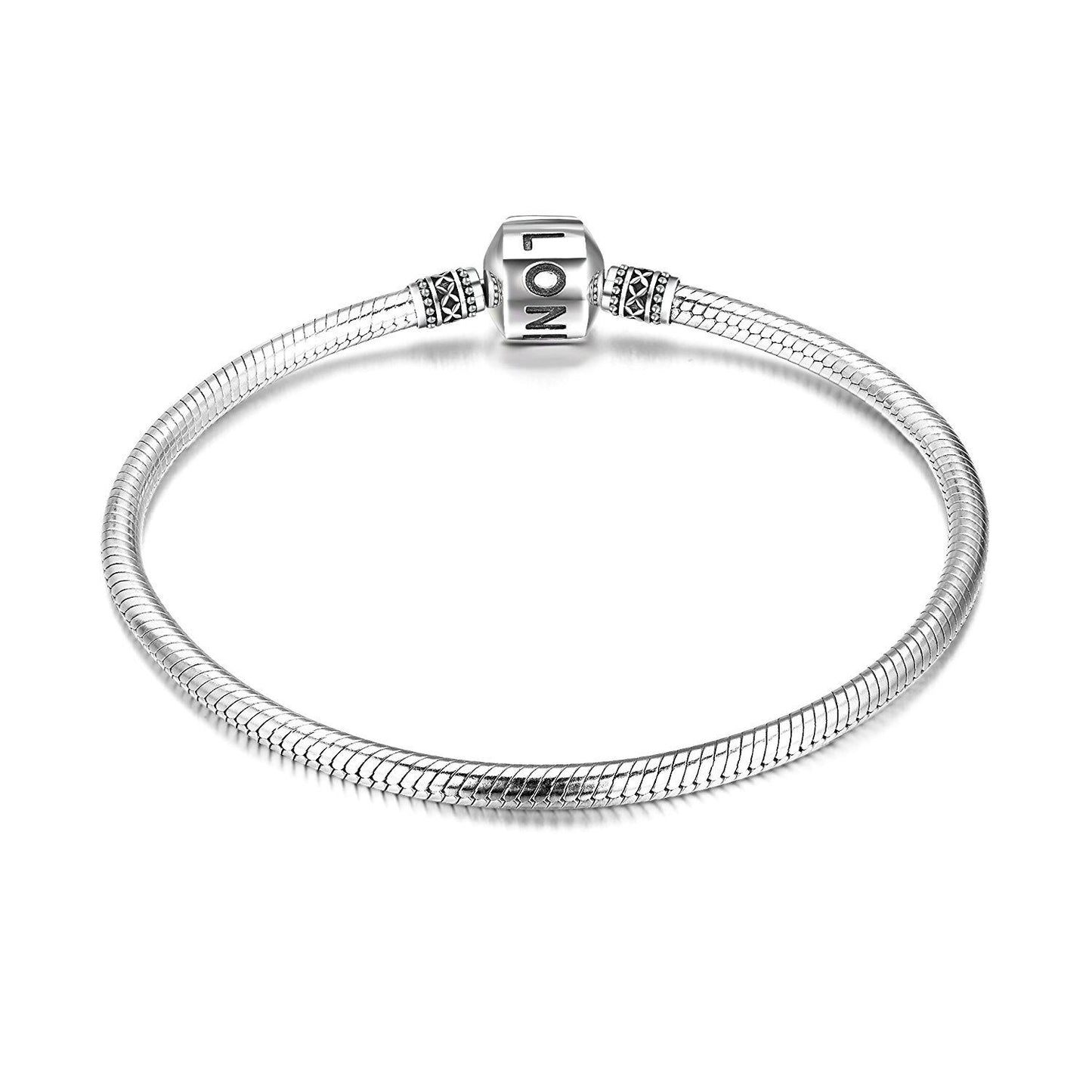 925 Sterling Silver Snake Chain Charm Bracelet with Barrel Clasp - Birthday Gift for Women