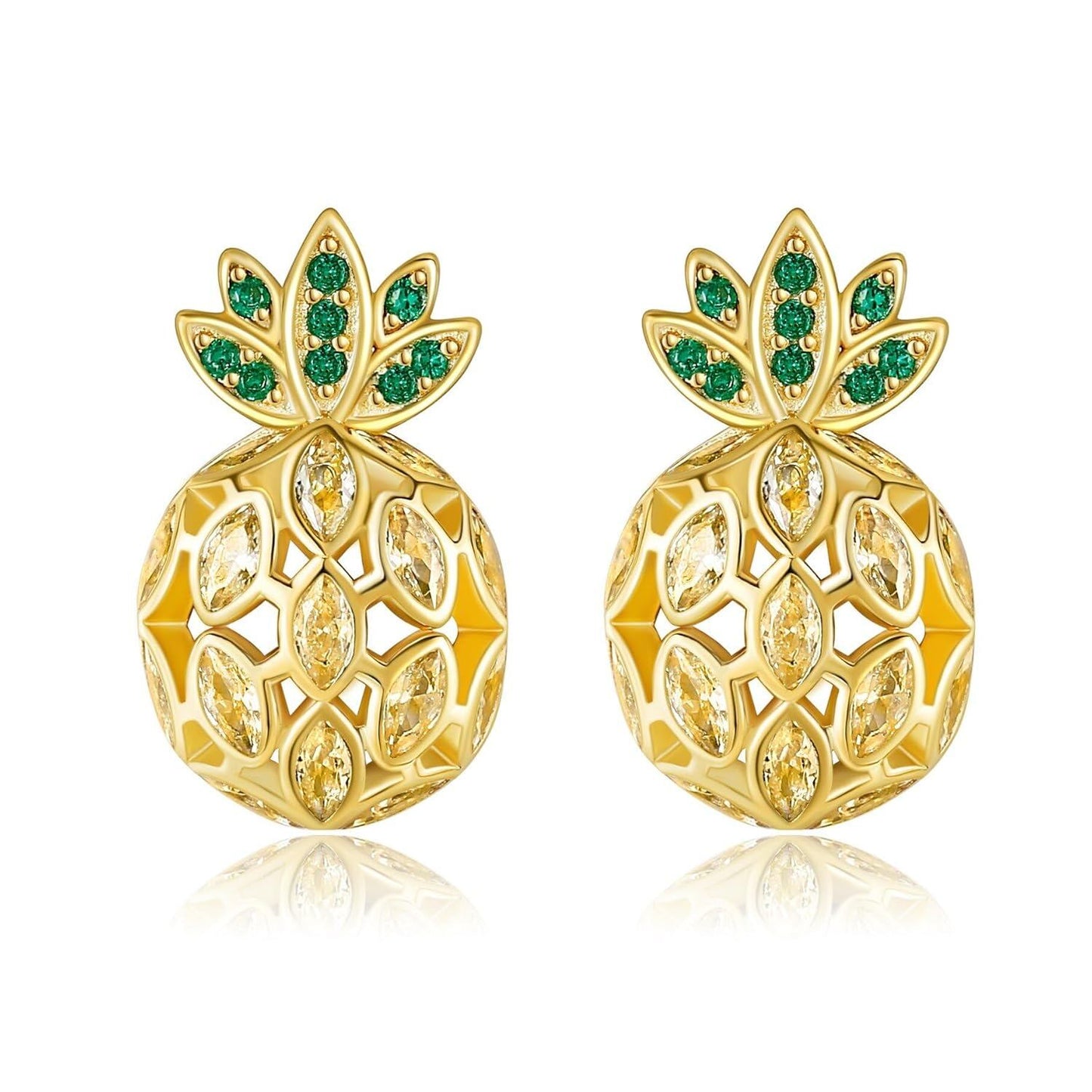 925 Sterling Silver Plated Gold  Pomegranate Stud Earrings with Green and Yellow Stones - Fruits Inspired Jewelry for Women