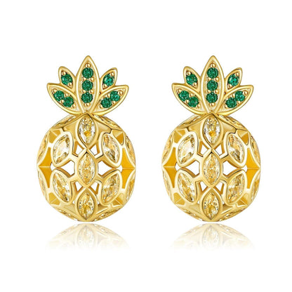 925 Sterling Silver Plated Gold  Pomegranate Stud Earrings with Green and Yellow Stones - Fruits Inspired Jewelry for Women