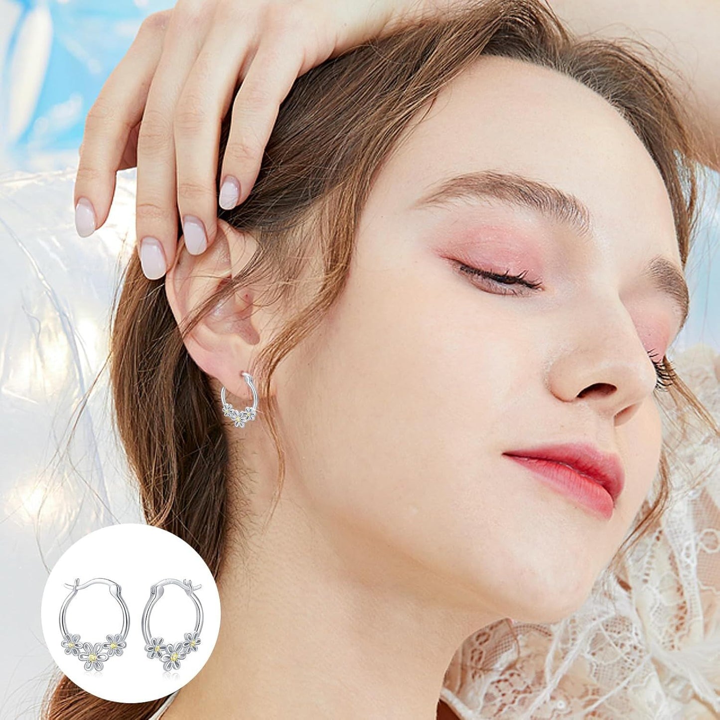 925 Sterling Silver Daisy Flower Yellow Crystal Studs Hoop Earrings for Women Girls  3cm Diameter