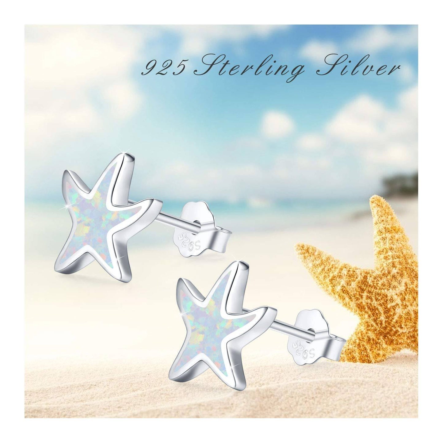925 Sterling Silver Opal Starfish Stud Earrings Ocean Beach Hypoallergenic Tiny Small Gifts for Women Girls
