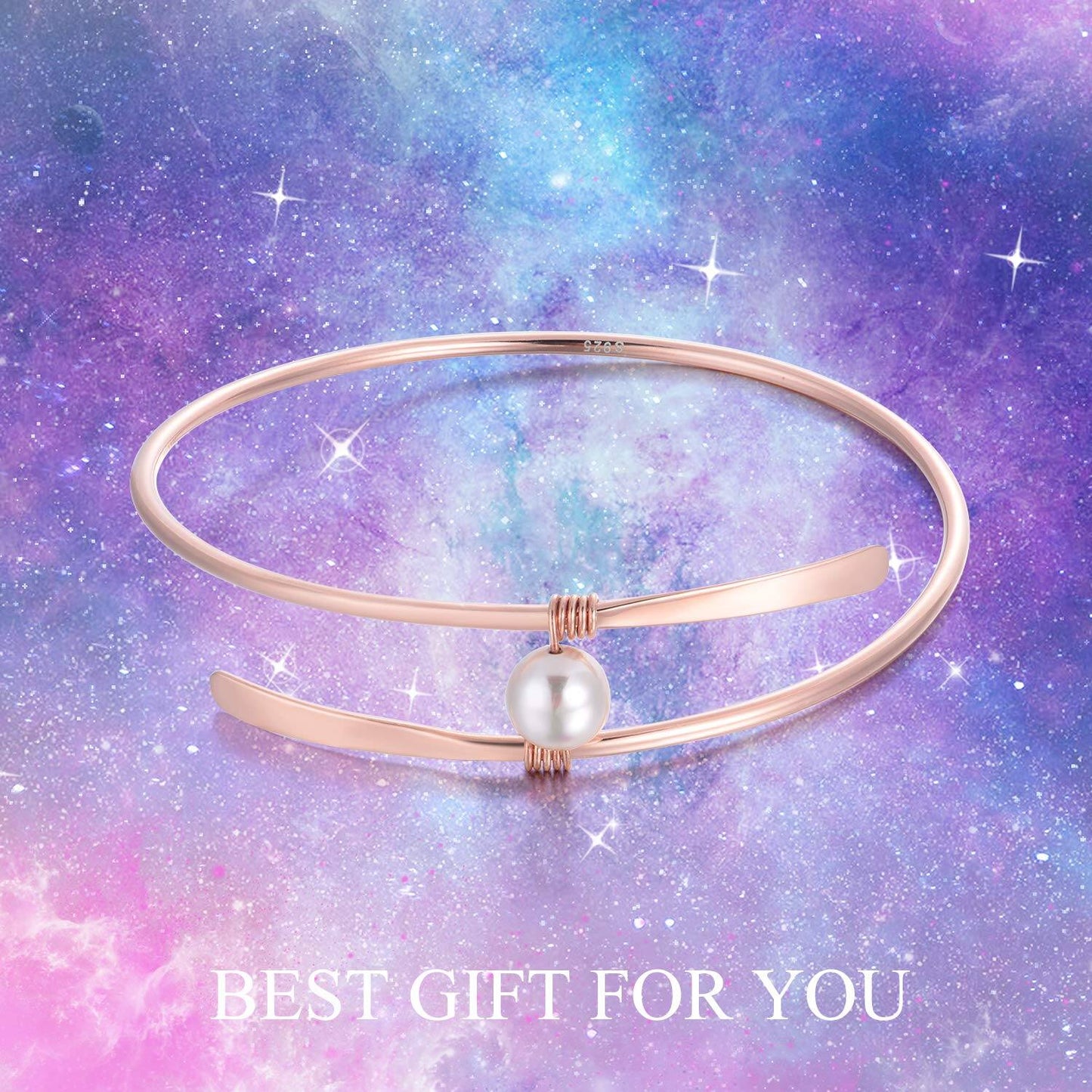 925 Sterling Silver 925 & Rose Gold Freshwater Pearl Bangle Bracelet for Women Bridal Wedding Jewelry for Mom