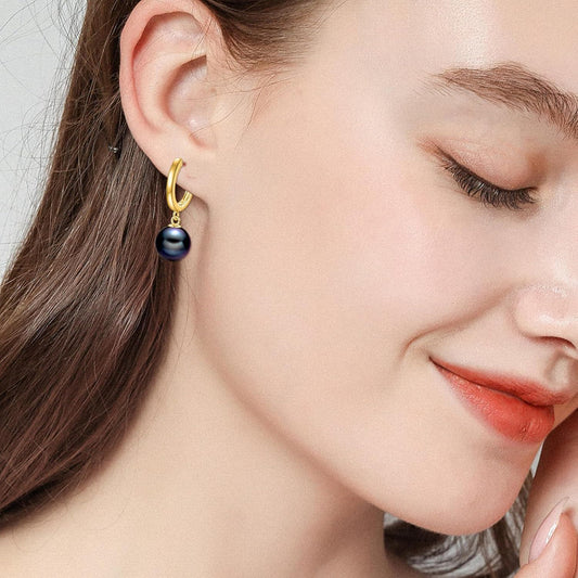 925 Sterling Silver Black Pearl Drop Hoop Earrings for Women