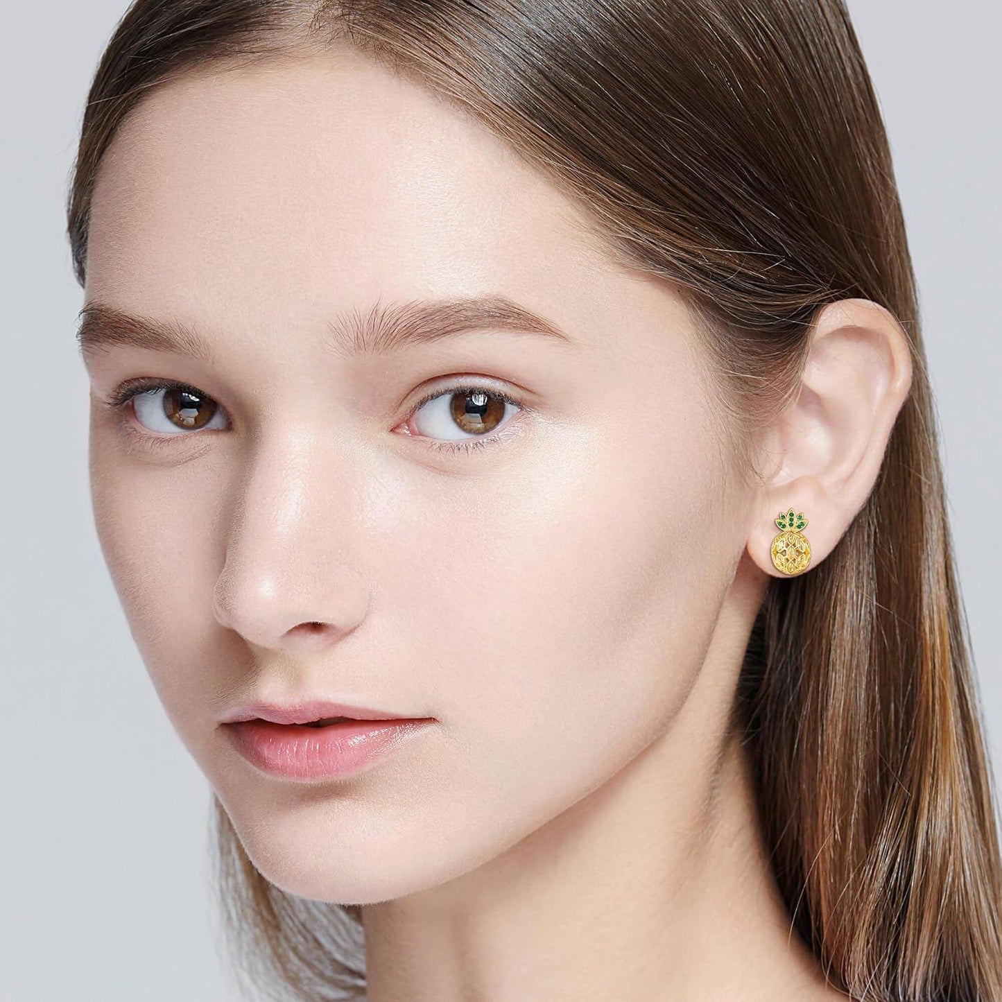 925 Sterling Silver Plated Gold  Pomegranate Stud Earrings with Green and Yellow Stones - Fruits Inspired Jewelry for Women