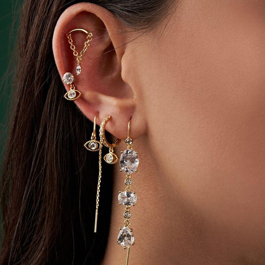 925 Sterling Silver Zircon-studded Fringe Chain Threaded Cartilage Earrings Trendy Ins Style