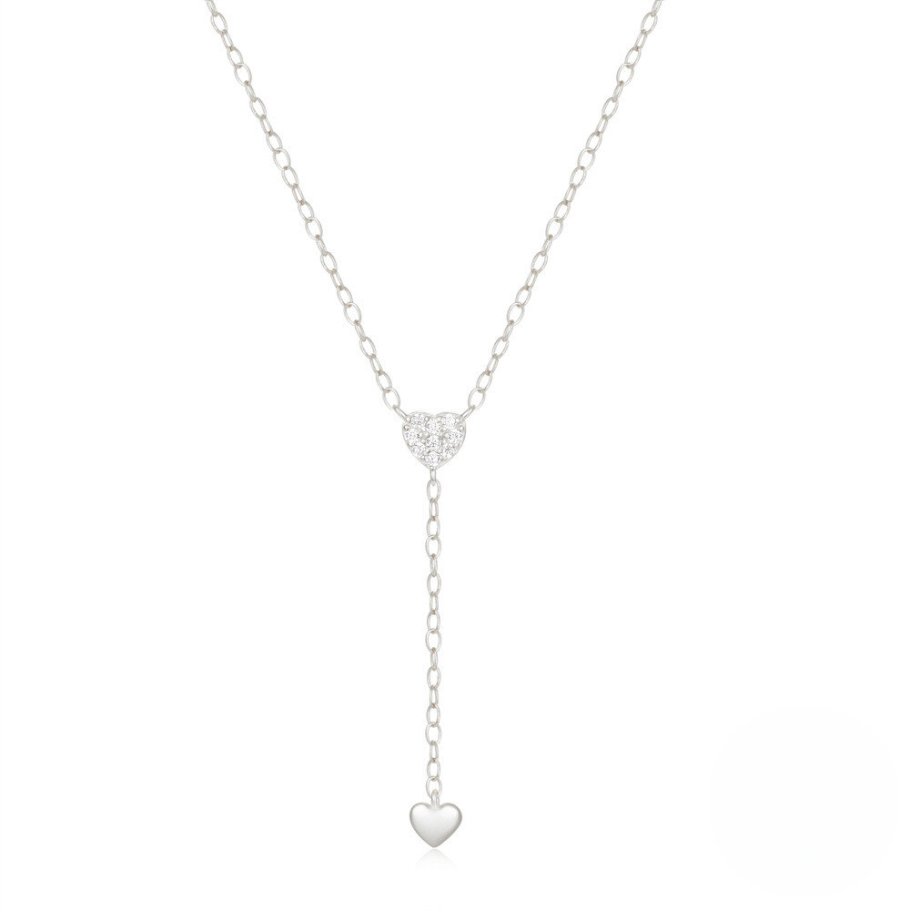 925 Sterling Silver New Y-shaped Double Heart Tassel Pendant Necklace With Crystal Accents