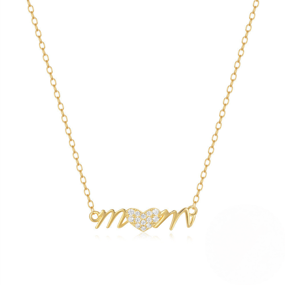 S925 Sterling Silver Heart-shaped Mama Pendant Choker Necklace With Crystal Accents