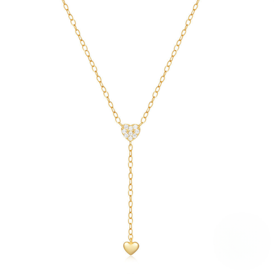 925 Sterling Silver New Y-shaped Double Heart Tassel Pendant Necklace With Crystal Accents