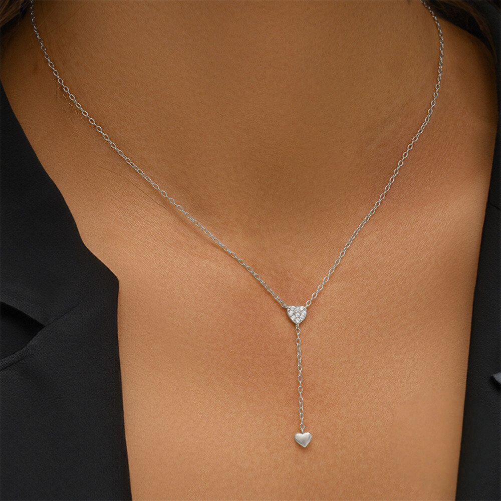 925 Sterling Silver New Y-shaped Double Heart Tassel Pendant Necklace With Crystal Accents