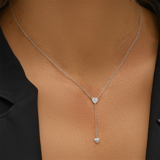 925 Sterling Silver New Y-shaped Double Heart Tassel Pendant Necklace With Crystal Accents