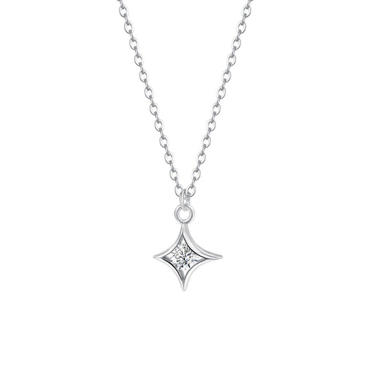 925 Sterling Silver Korean-style Light Luxury Super Sparkling Zirconia Four-pointed Star Necklace For Women Trendy And Versatile Simple Star Collarbone Chain